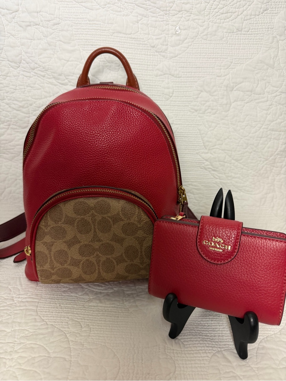 Coach Red Pebbled Leather Mini Backpack with matching new wallet